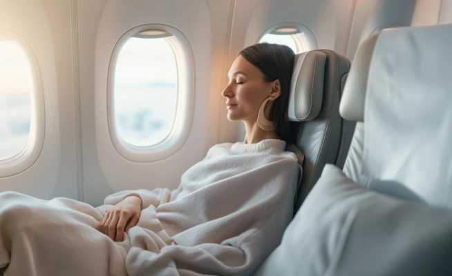 Mulher a descansar confortavelmente num voo de avião