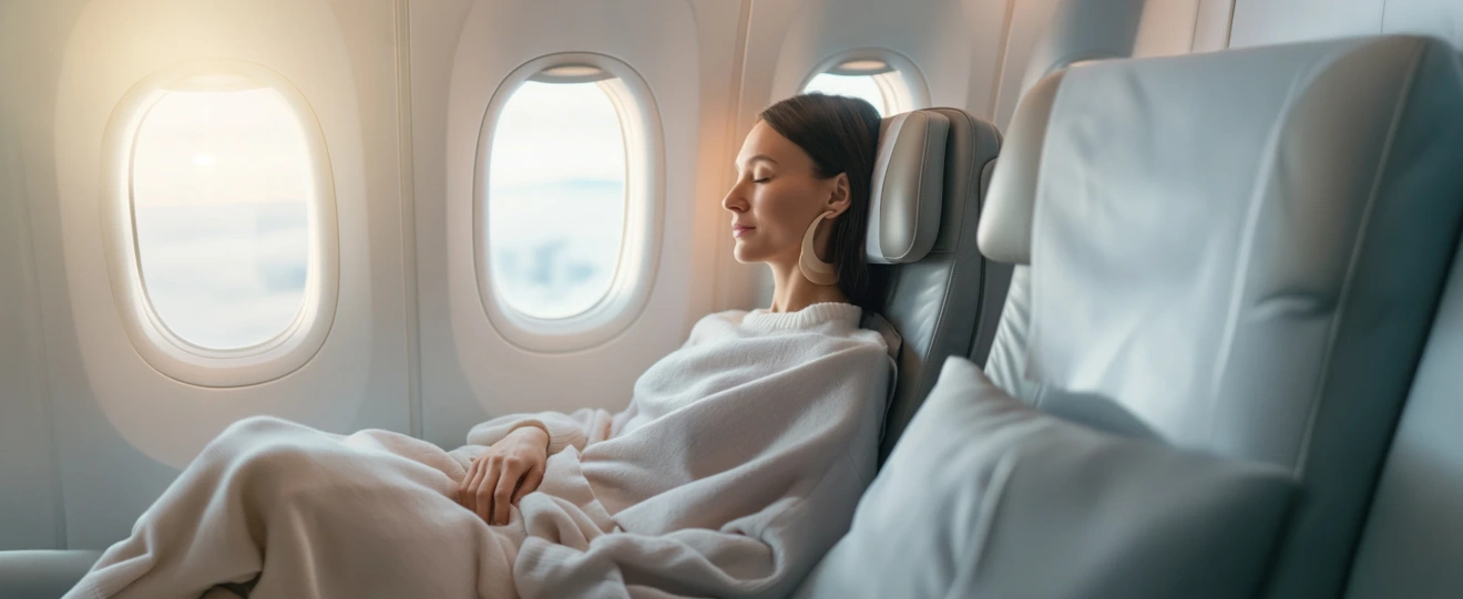 Mulher a descansar confortavelmente num voo de avião
