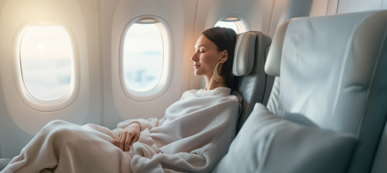 Mulher a descansar confortavelmente num voo de avião