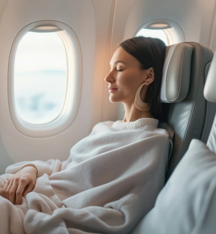 Mulher a descansar confortavelmente num voo de avião