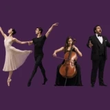 Bailarinos, violoncelista e cantor lírico em pose de atuação sobre fundo roxo