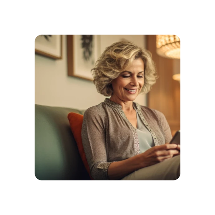 woman sitting on sofa, smilling, with phone