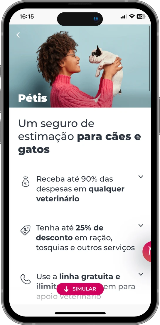 Telemóvel a mostrar o início da jornada de adesão ao seguro Pétis na App Millennium no seu ecrã