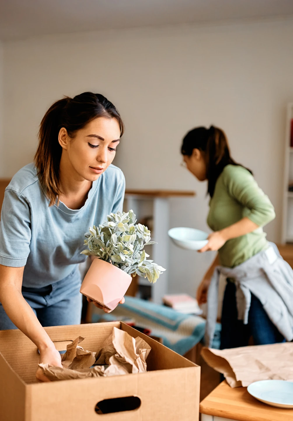 Mulher arruma planta em caixa enquanto outra organiza casa