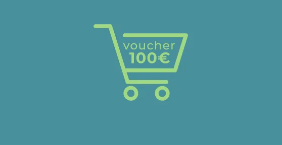Ícone de um carrinho de compras na cor verde, sob um fundo de cor azul água, e o texto "voucher 100€"