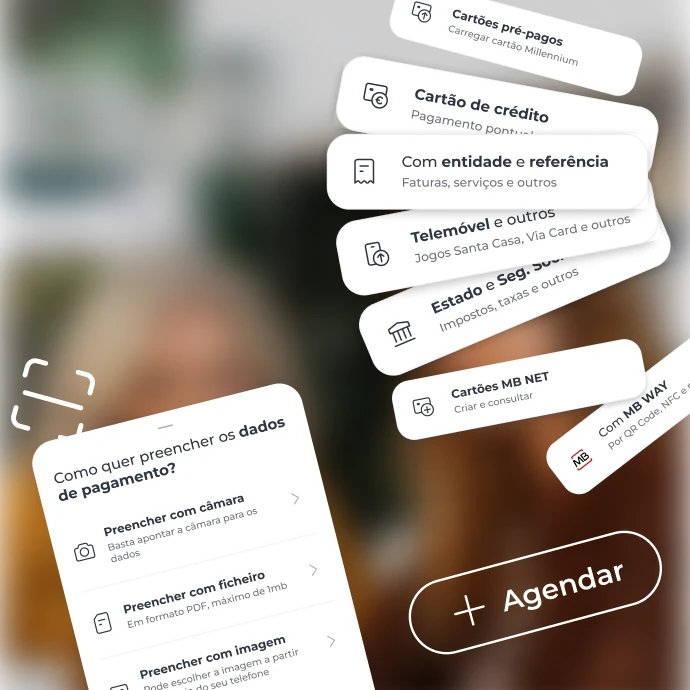 Vários elementos da área Pagamentos a flutuar: agendar, preencher dados (com câmara, imagem ou ficheiro) e os diferentes tipos possíveis (Estado, Seg. Social, telemóvel,...)