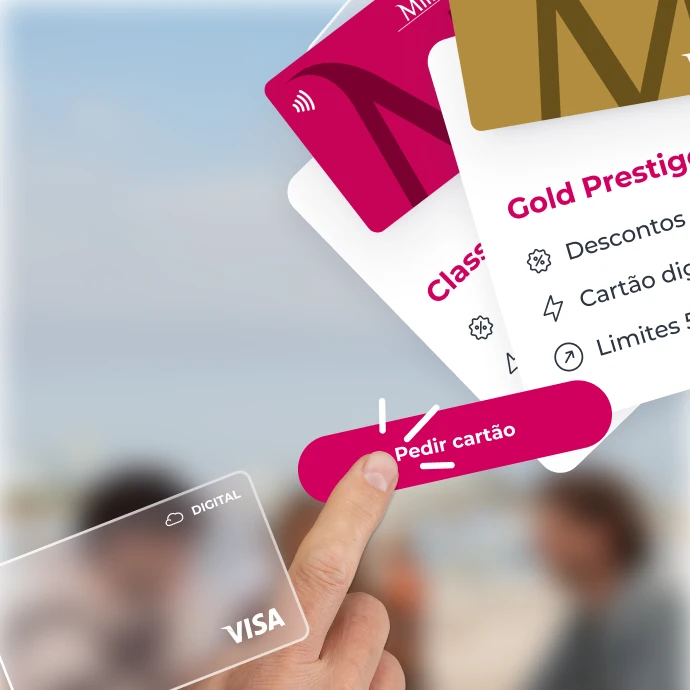 Dedo indicador a clicar num botão cerise com o texto "Pedir cartão"