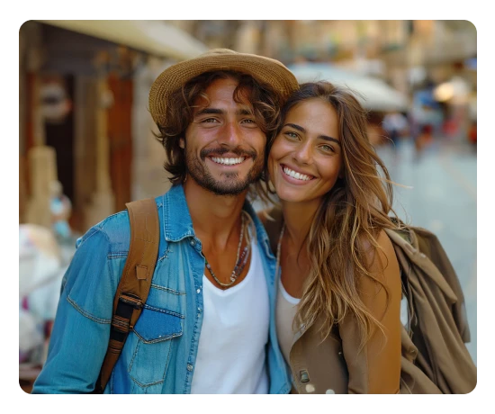 Uma rapariga e um rapaz, ambos com mochilas às costas, a sorrir