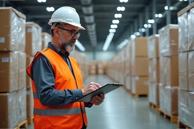 trabalhador em armazém de contentores, com casaco refletor, capacete e portátil na mão
