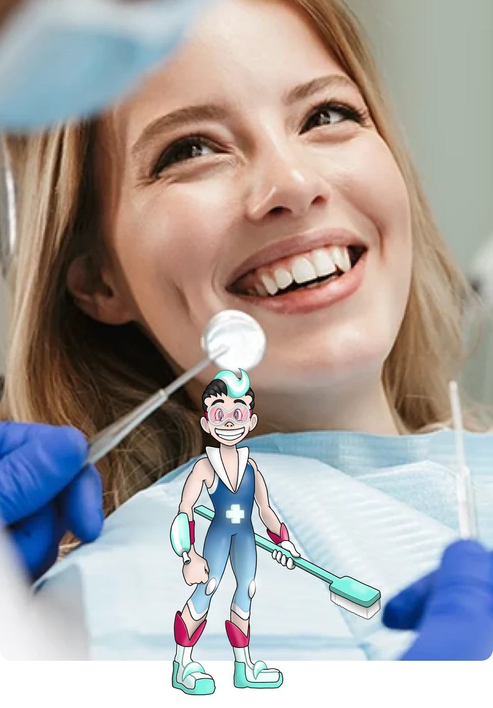 Herói Médis Dental junto a uma mulher sorridente numa consulta de medicina dentária