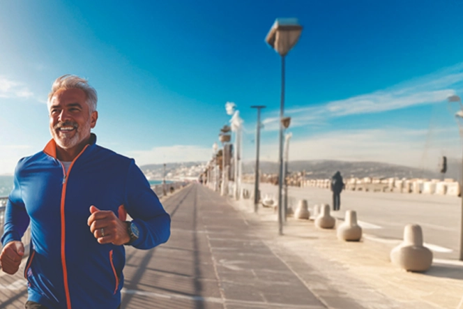 Homem a sorrir, de fato, com ícones digitais de segurança e saúde à frente