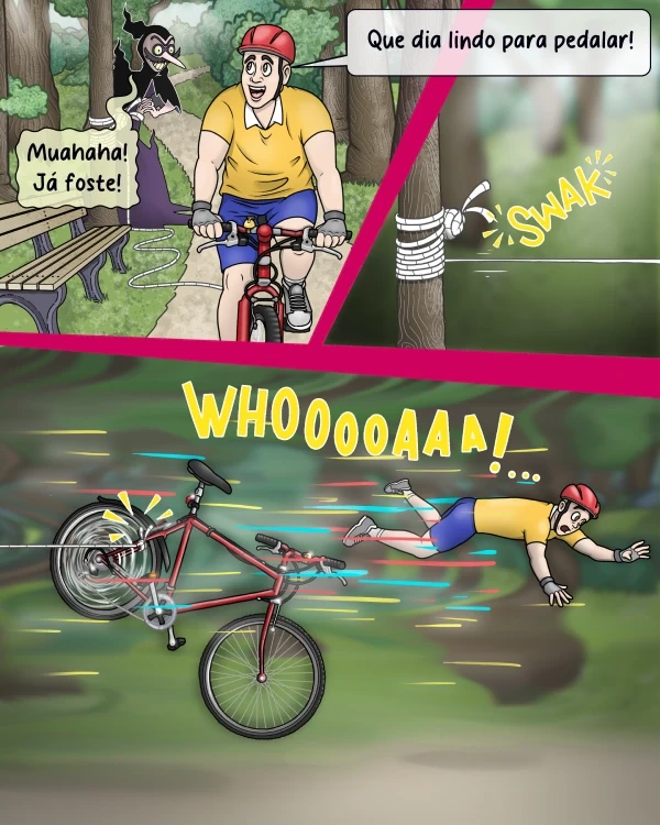 Ciclista a cair numa armadilha montada por um vilão.