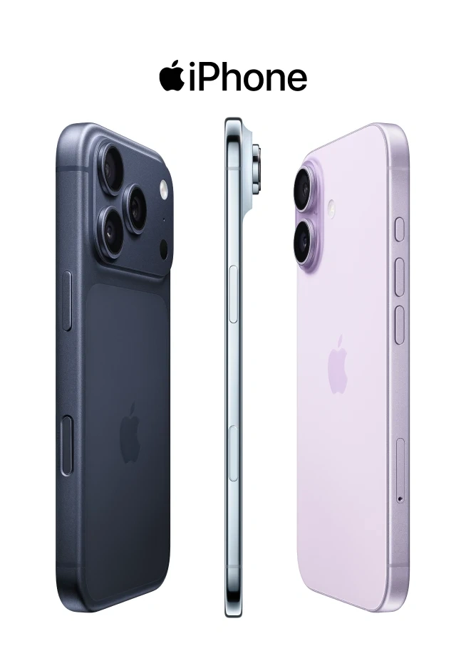Três modelos de iPhone em azul-escuro, azul-claro e lilás sobre fundo branco