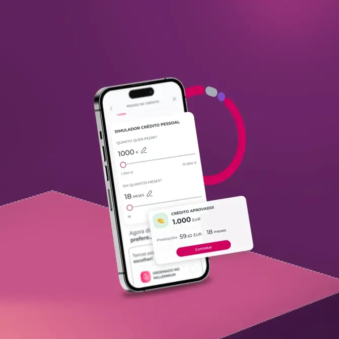 Smartphone com ecrã da App Millennium: simulador de crédito pessoal com valor aprovado