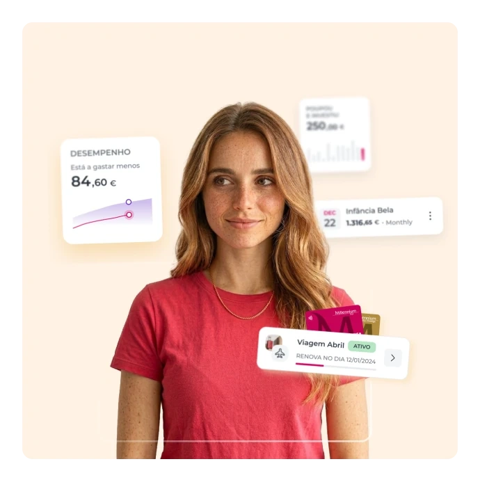 Mulher a interagir com ecrãs flutuantes da App Millennium mostrando funcionalidades