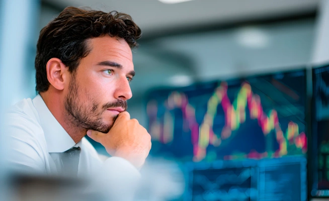 Homem analisa gráficos de mercados financeiros em monitores