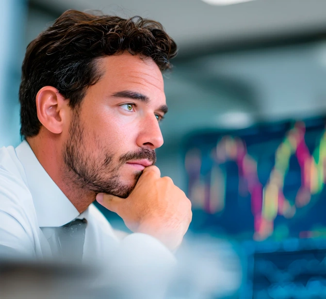 Homem analisa gráficos de mercados financeiros em monitores
