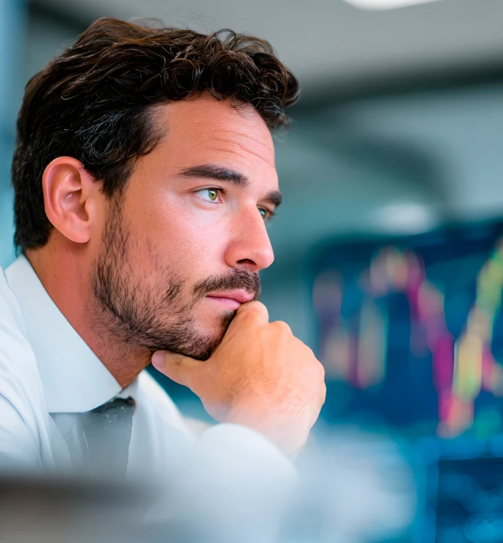 Homem analisa gráficos de mercados financeiros em monitores
