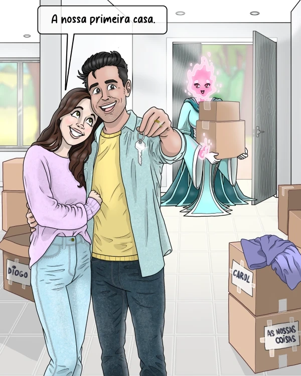 Casal feliz com as chaves da casa nova, com a YOLO! a ajudar nas mudanças ao fundo.