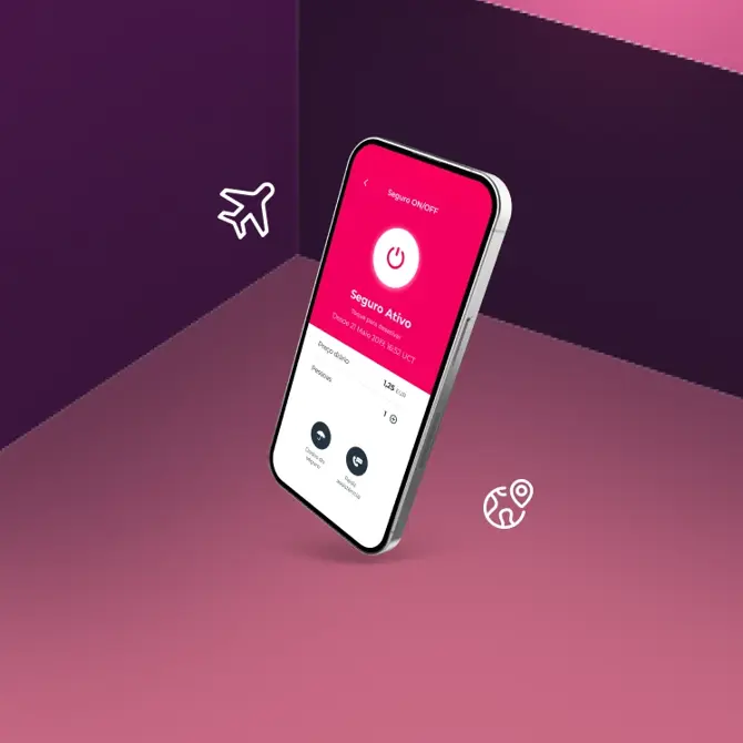 Smartphone com ecrã da App Millennium: gestão de seguro viagem ON/OFF, mostrando o seguro ativo