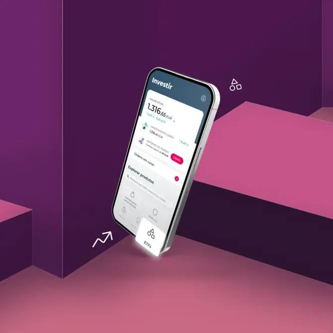 Smartphone com ecrã da App Millennium "Investir", mostrando saldo e um card do produto ETF