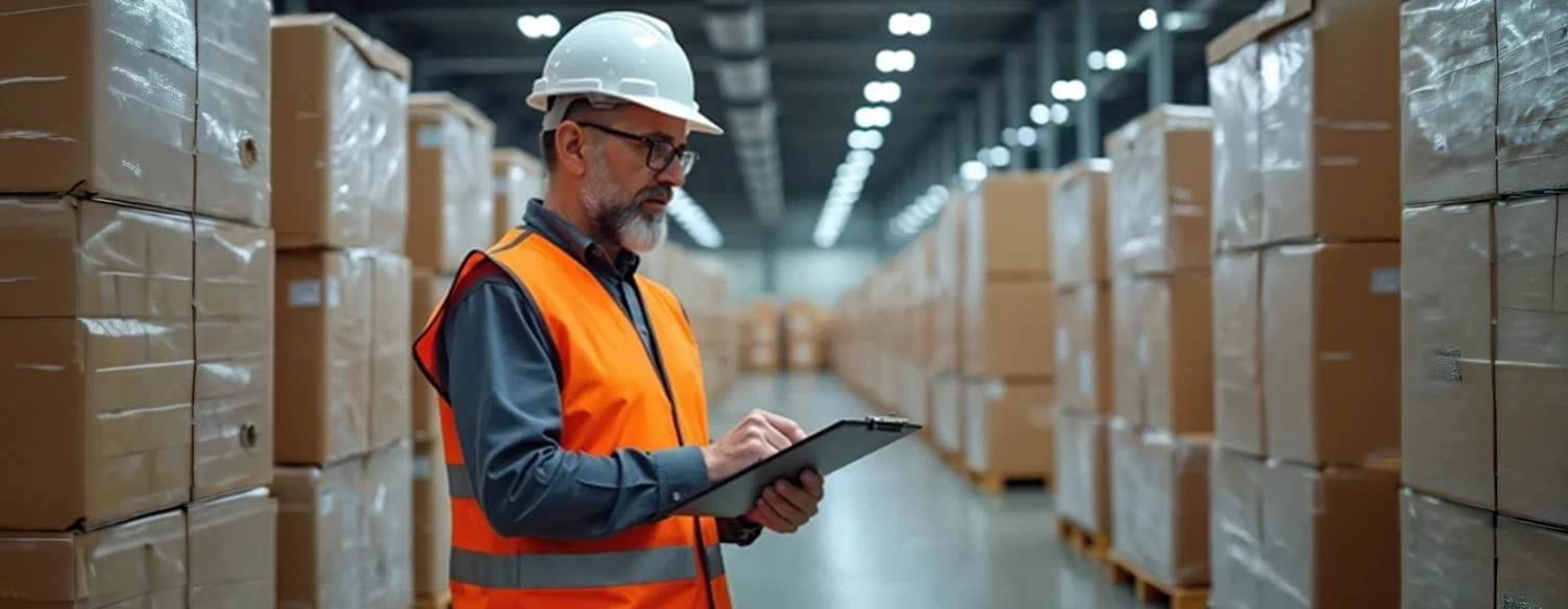 Worker in a hard hat checks a clipboard in a warehouse
