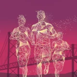 ilustração em tons cerize, de 3 pessoas a correr com a Ponte 25 de Abril ao fundo