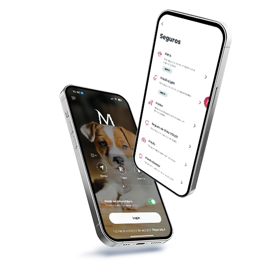 Dois telemóveis, um a mostrar o ecrã inicial da App Millennium e outro com o ecrã com a listagem de seguros disponíveis na app