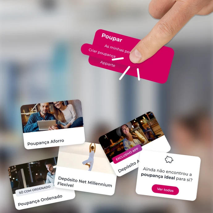 Interface da App Millennium com vários produtos de poupança apresentados em cartões