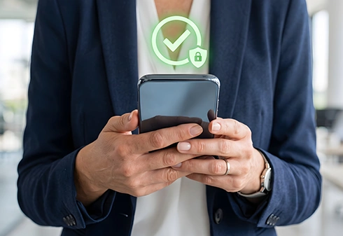 Woman holding a mobile phone with a security and validation icon overlaid