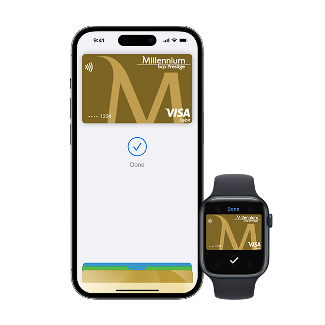 telemóvel com ecrãn Apple Pay com cartão Prestige e relógio iWatch com imagem de cartão Débito Prestige