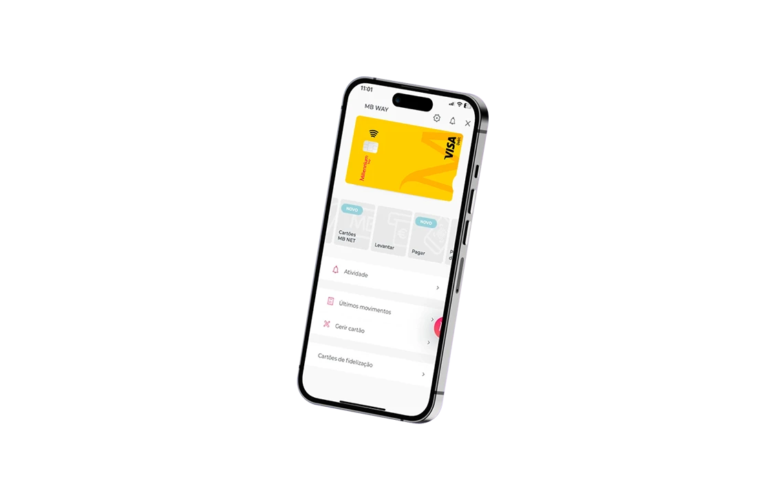 Mobile phone with the Millennium App, MB WAY screen, and a debit card