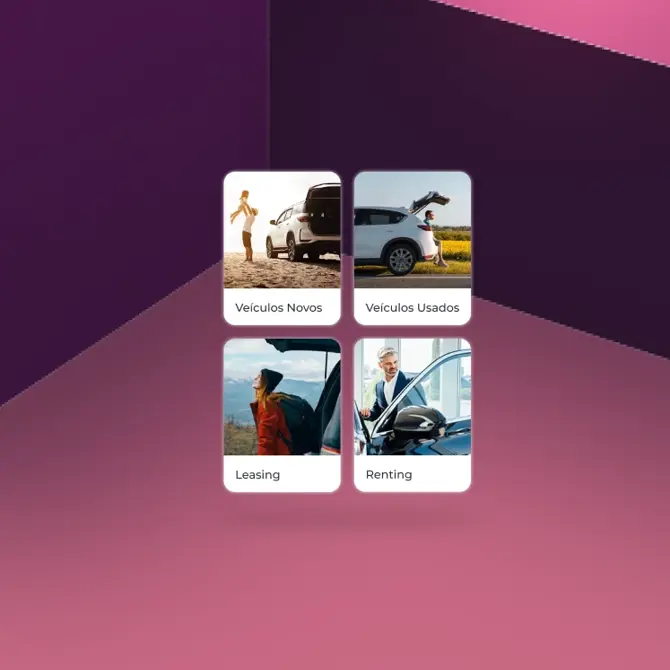Quatro cartões com opções de veículos: Novos, Usados, Leasing e Renting