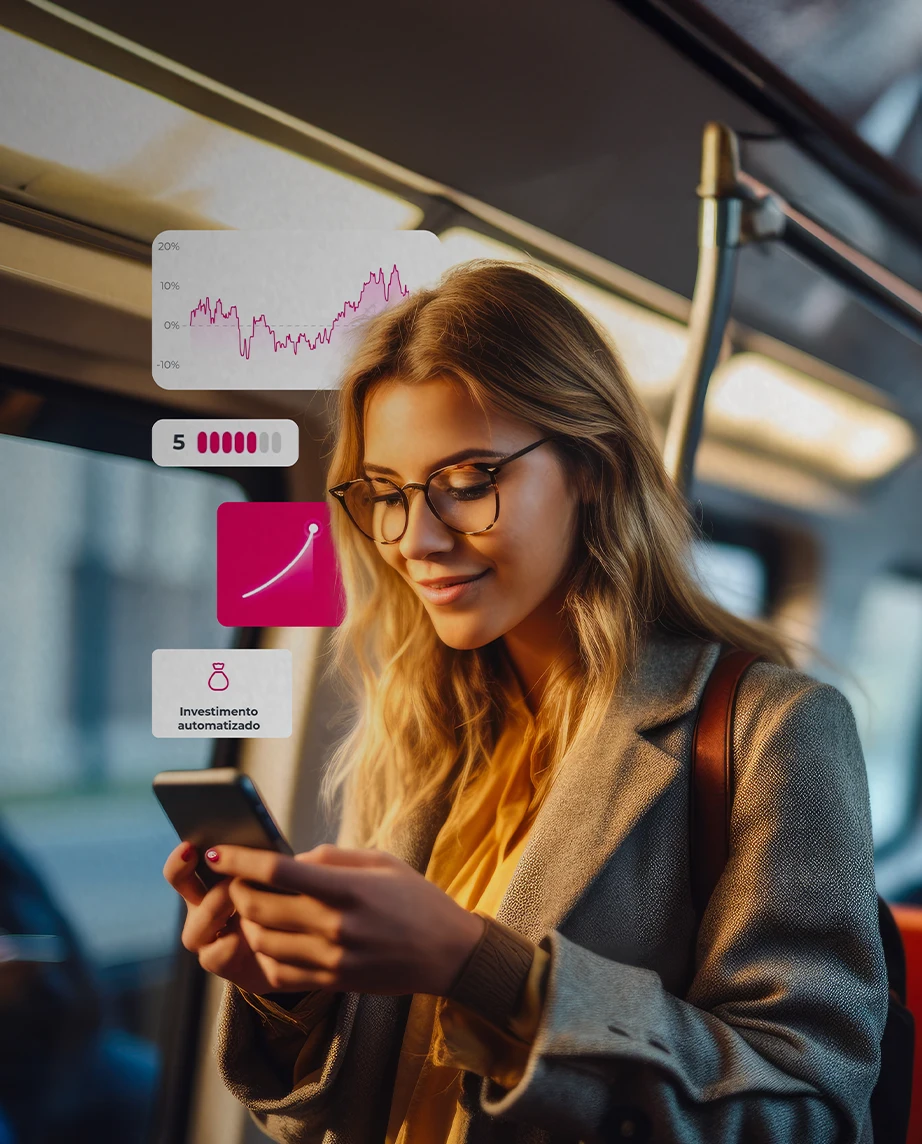 girl looking at her phone and smiling, with elements of the Millennium App