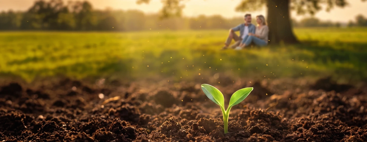 pequena planta a nascer do solo, com duas folhas verdes jovens