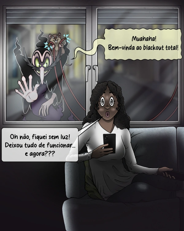 Mulher assustada no escuro durante um apagão, com um vilão a rir-se do lado de fora.