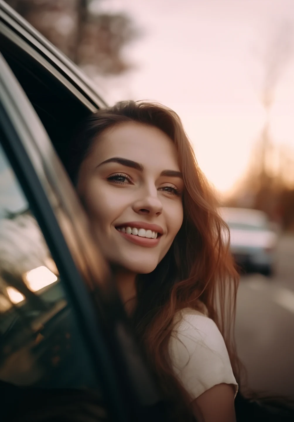 rapariga sorridente, com cabeça de fora da janela do carro