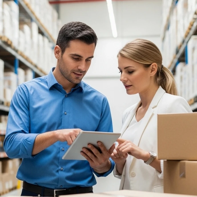 Duas pessoas a analisar dados num tablet num armazém com prateleiras