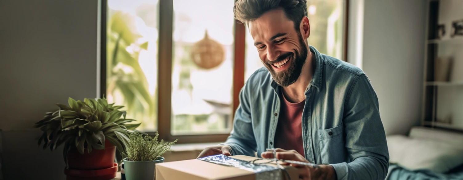 homem sorridente a abrir caixa de encomenda