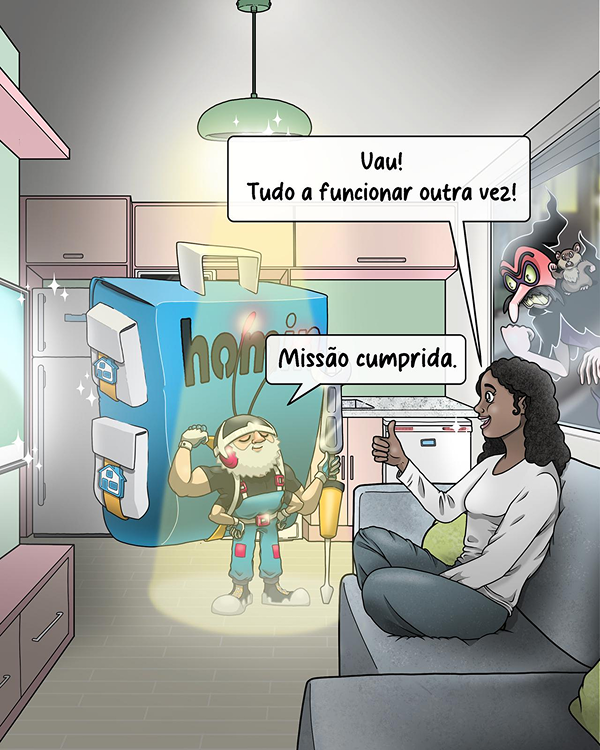 Mulher sorri no sofá com a luz acesa enquanto o herói HOMIN celebra a missão cumprida.