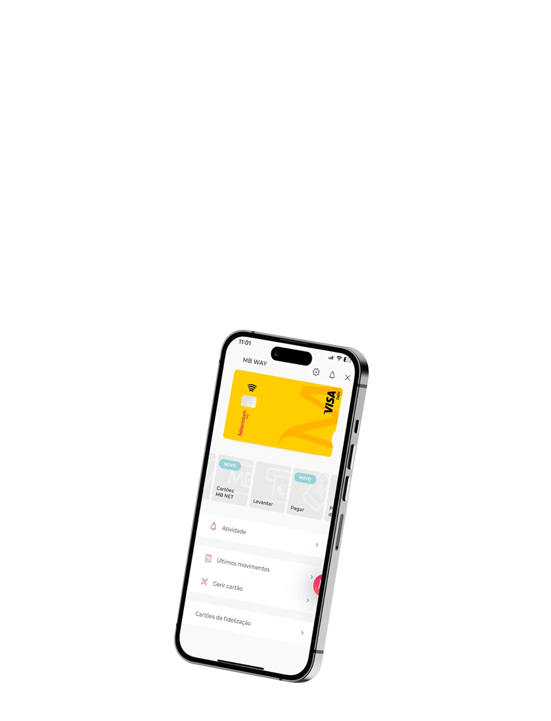 telemóvel com a App Millennium, ecrã MB WAY, e cartão de débito