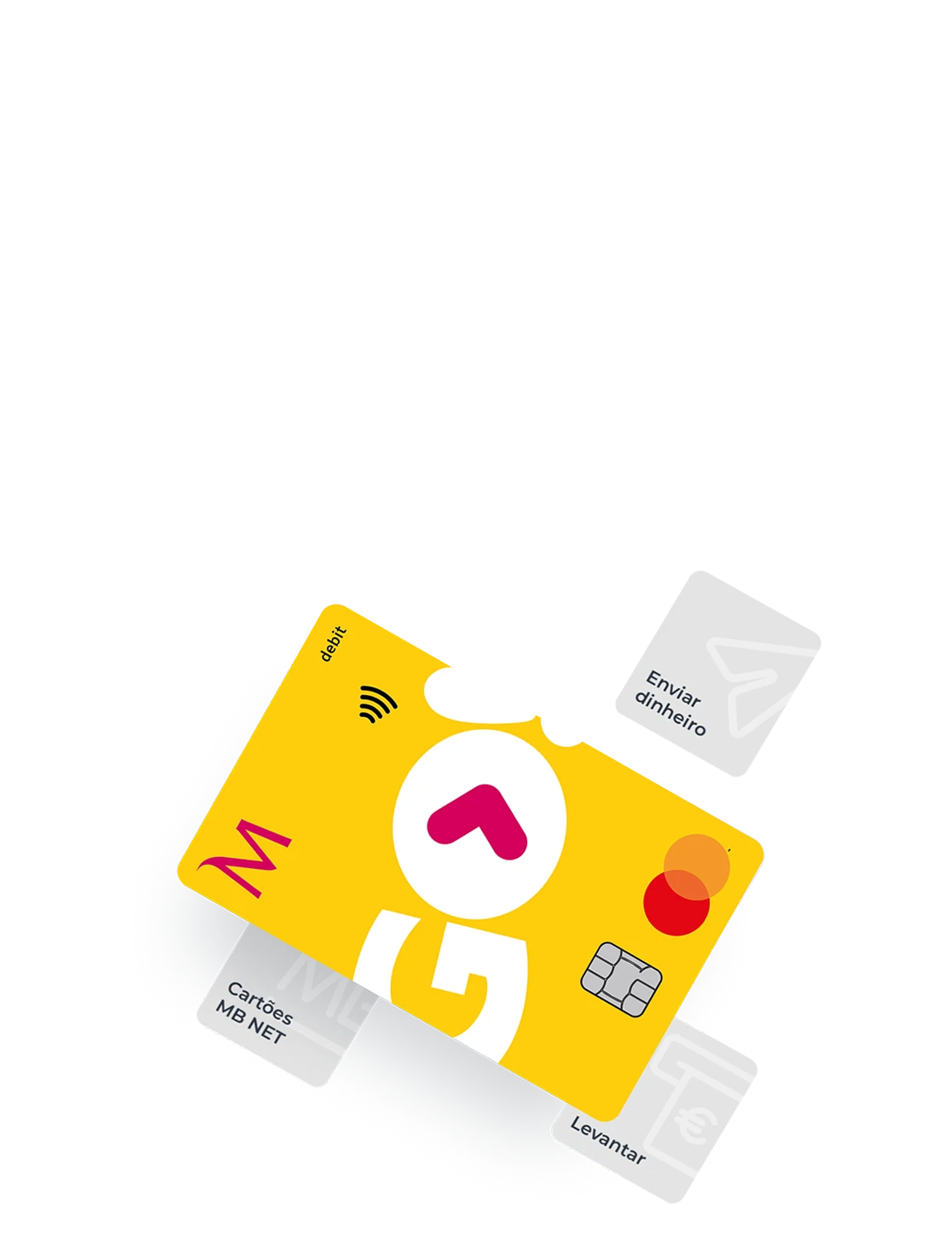 imagem de cartão GO! Débito com símbolos MB NET: Cartões MB NET, Levantar e Enviar dinheiro