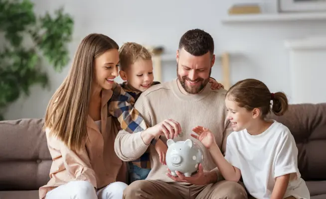 Família a colocar moedas num mealheiro cinzento no sofá