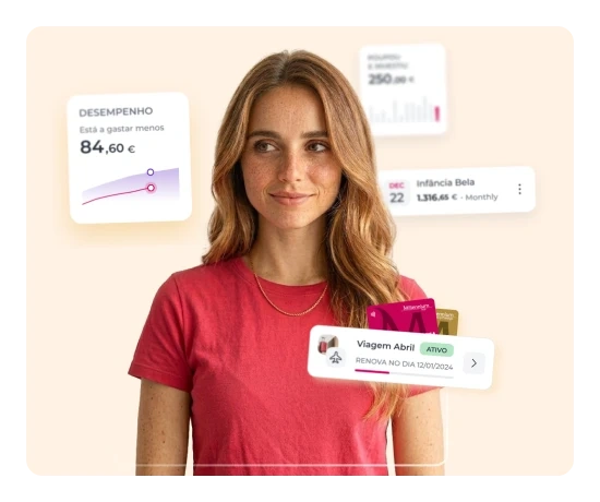 Mulher a interagir com ecrãs flutuantes da App Millennium mostrando funcionalidades