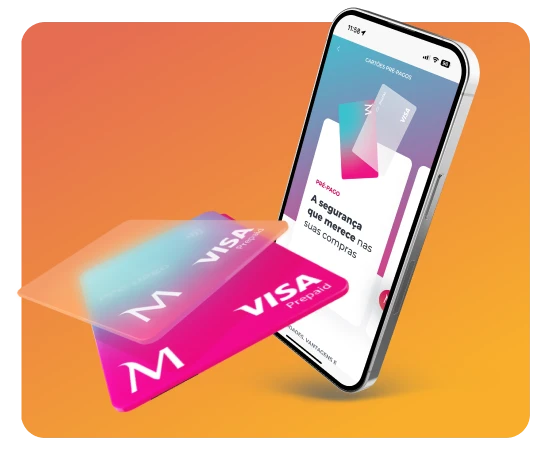 Telemóvel com ecrã da App Millennium para pedir cartão, um cartão pré-pago físico e um digital
