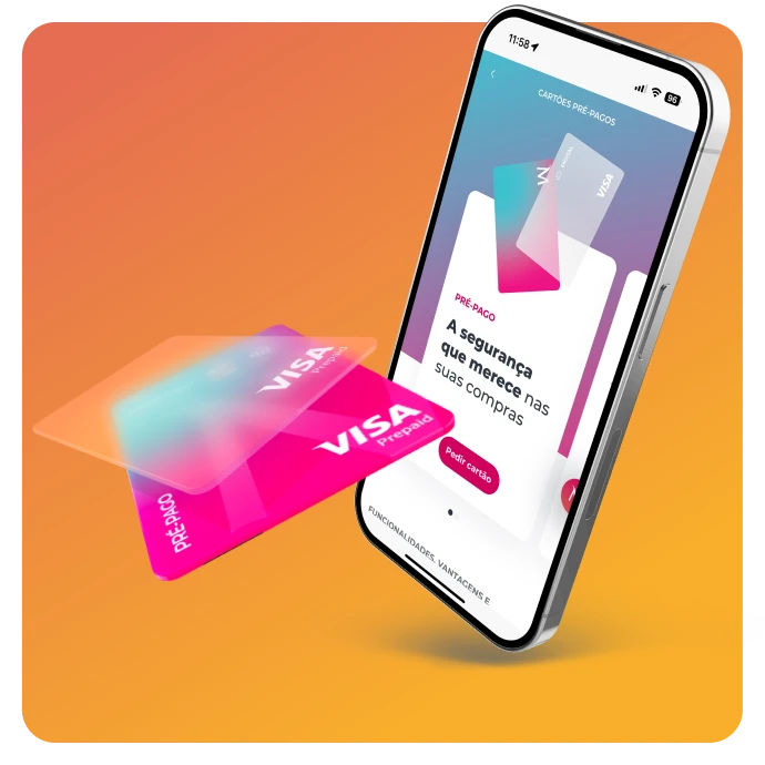 Telemóvel com ecrã da App Millennium para pedir cartão, um cartão pré-pago físico e um digital