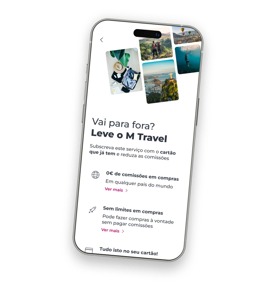Telemóvel com ecrã de explicação sobre o M Travel na App Millennium