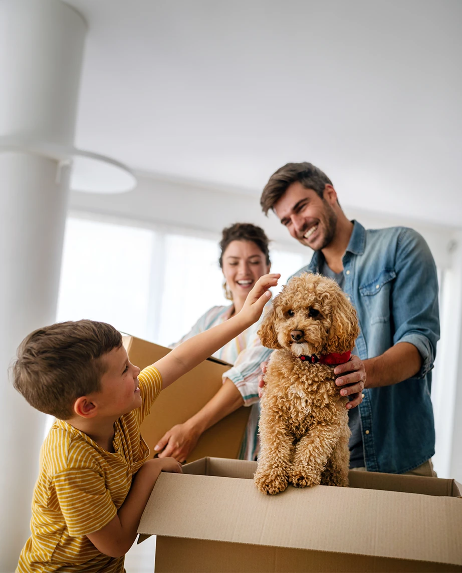 couple and their kid, playing with dog