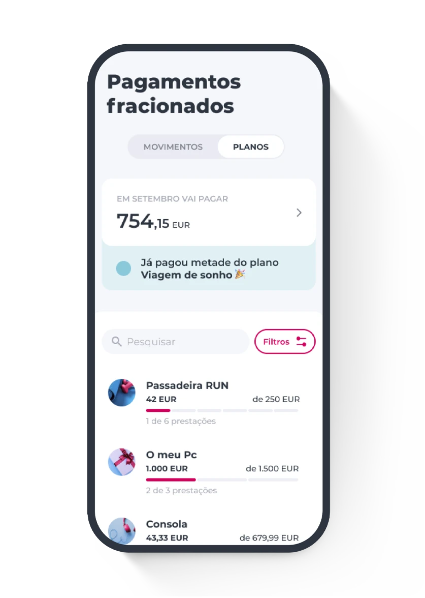 Ecrã dos meus pagamentos fracionados na App Millennium