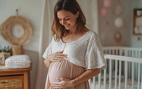 mulher grávida feliz, com mãos a acariciar a barriga, num quarto de bebé